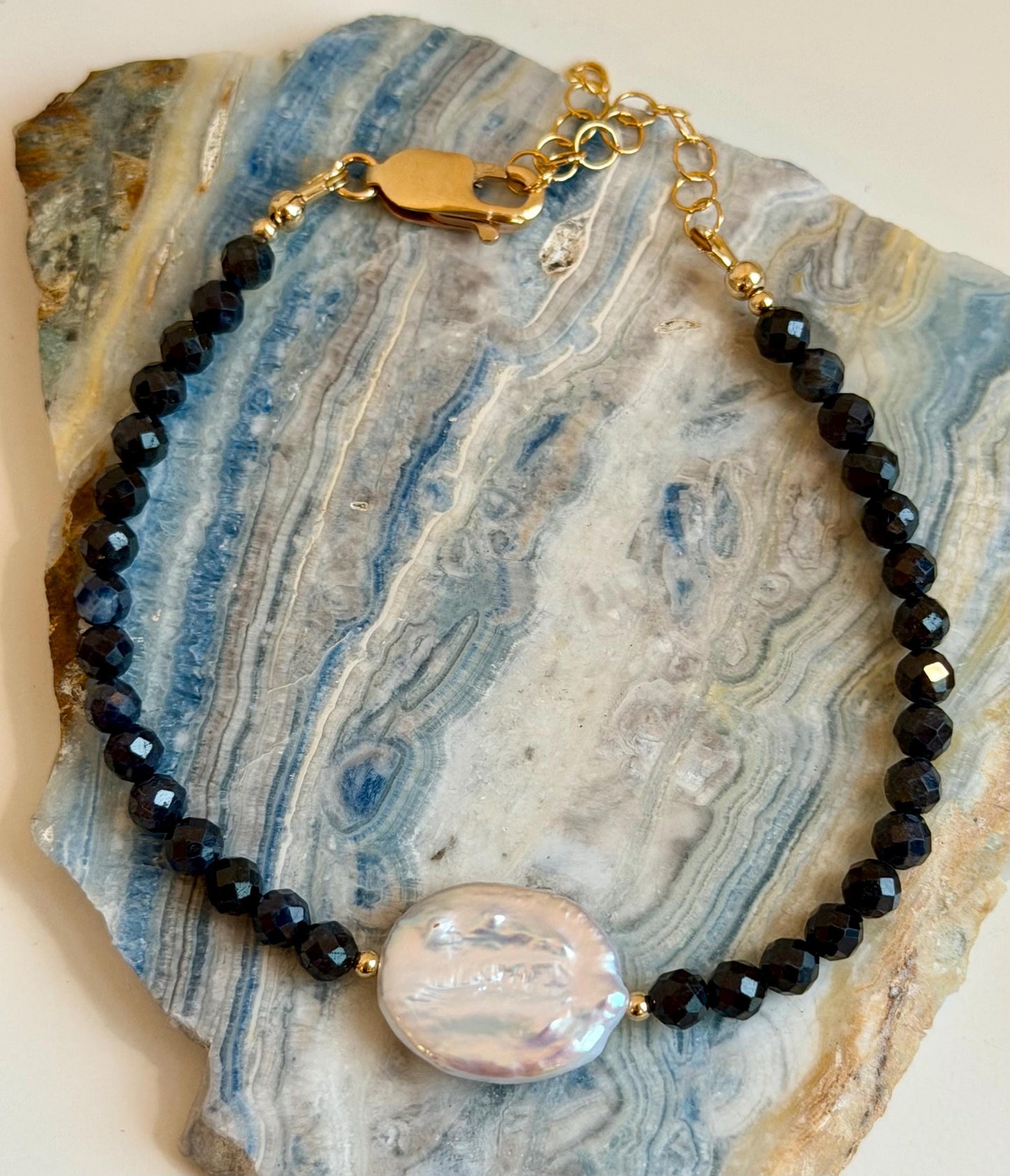 Sapphire Beaded Bracelet:  4mm Faceted Round Sapphire and Freshwater Pearl Bracelet Gold Filled Clasp/Beads, 6.5-8 inches in Length Bracelet