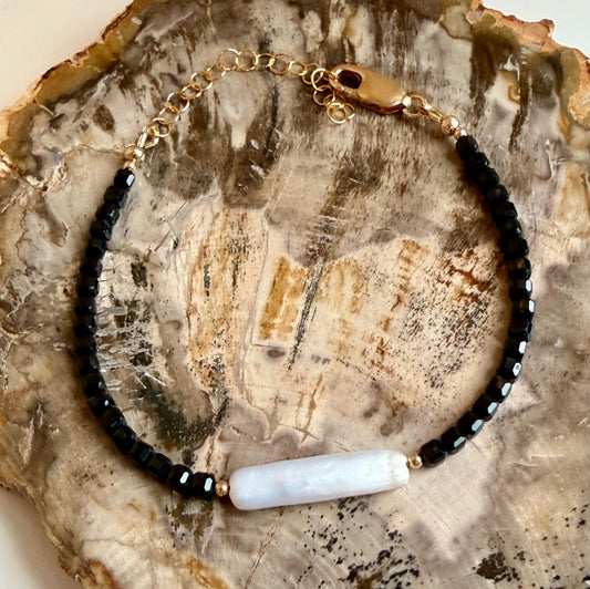 Spinel Bracelet: Faceted  3mm Table Cubed Black Spinel and Biwa Freshwater Pearl, Gold Filled Clasp, 6.5-8 inches in Length Bracelet