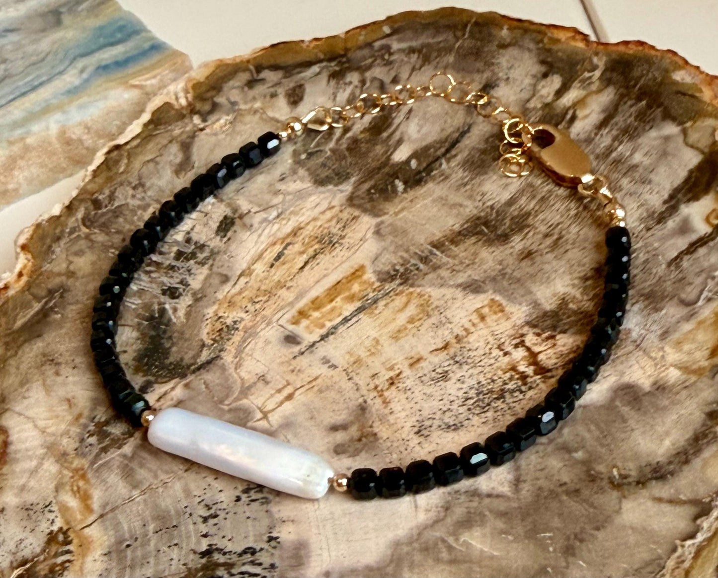 Spinel Bracelet: Faceted  3mm Table Cubed Black Spinel and Biwa Freshwater Pearl, Gold Filled Clasp, 6.5-8 inches in Length Bracelet