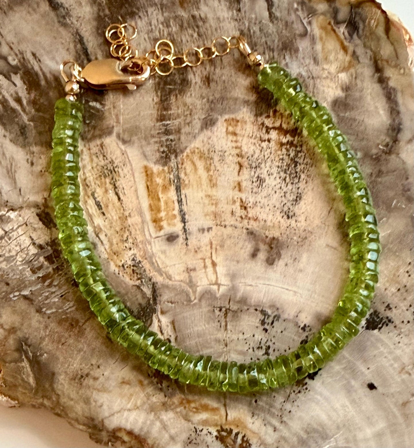 Peridot Bracelet: Heishi Tyre 5mm AAA Peridot Beaded Bracelet with Gold Filled Clasp, 6.5-8 inches in Length Peridot Bracelet