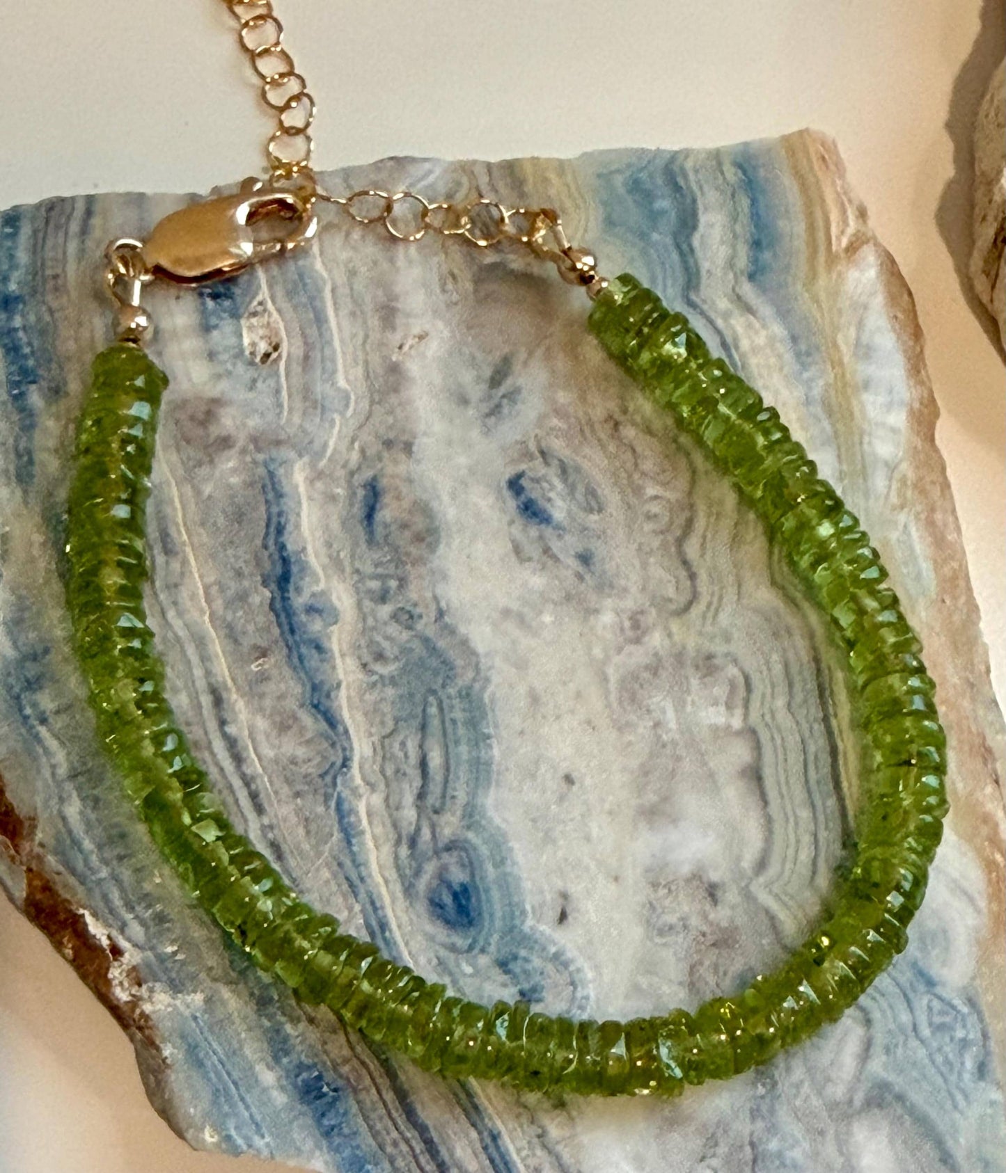 Peridot Bracelet: Heishi Tyre 5mm AAA Peridot Beaded Bracelet with Gold Filled Clasp, 6.5-8 inches in Length Peridot Bracelet