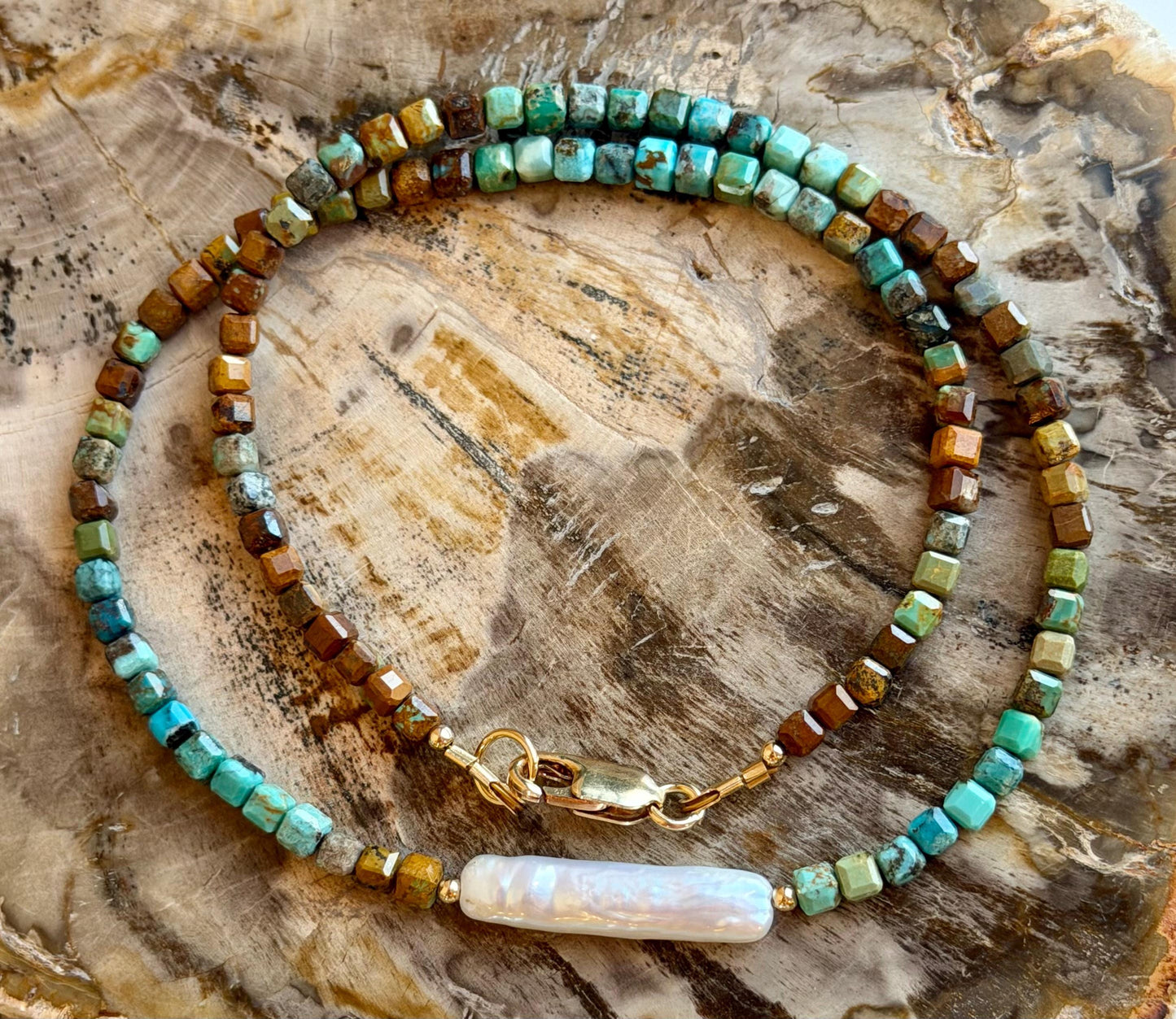 Turquoise Necklace: 18k Gold Filled Clasp, Natural Gemstone 3mm Faceted Table Cut Cubed Hubei Turquoise and Freshwater Biwa Pearl Necklace