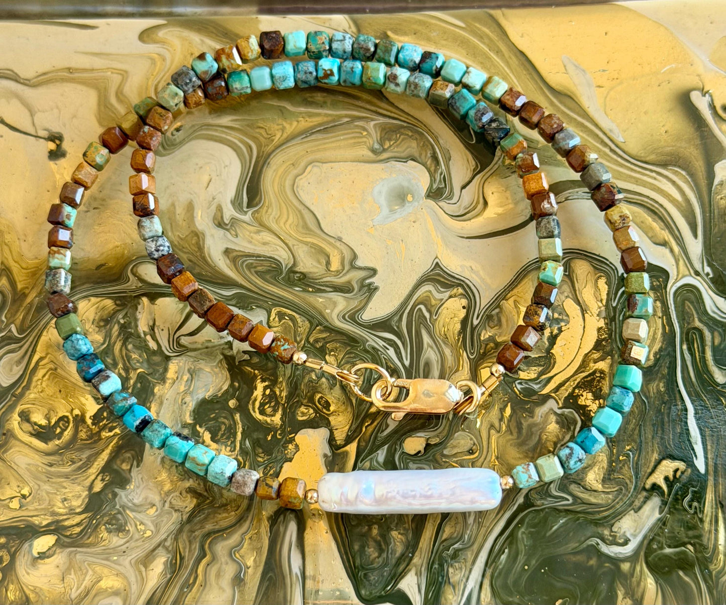 Turquoise Necklace: 18k Gold Filled Clasp, Natural Gemstone 3mm Faceted Table Cut Cubed Hubei Turquoise and Freshwater Biwa Pearl Necklace