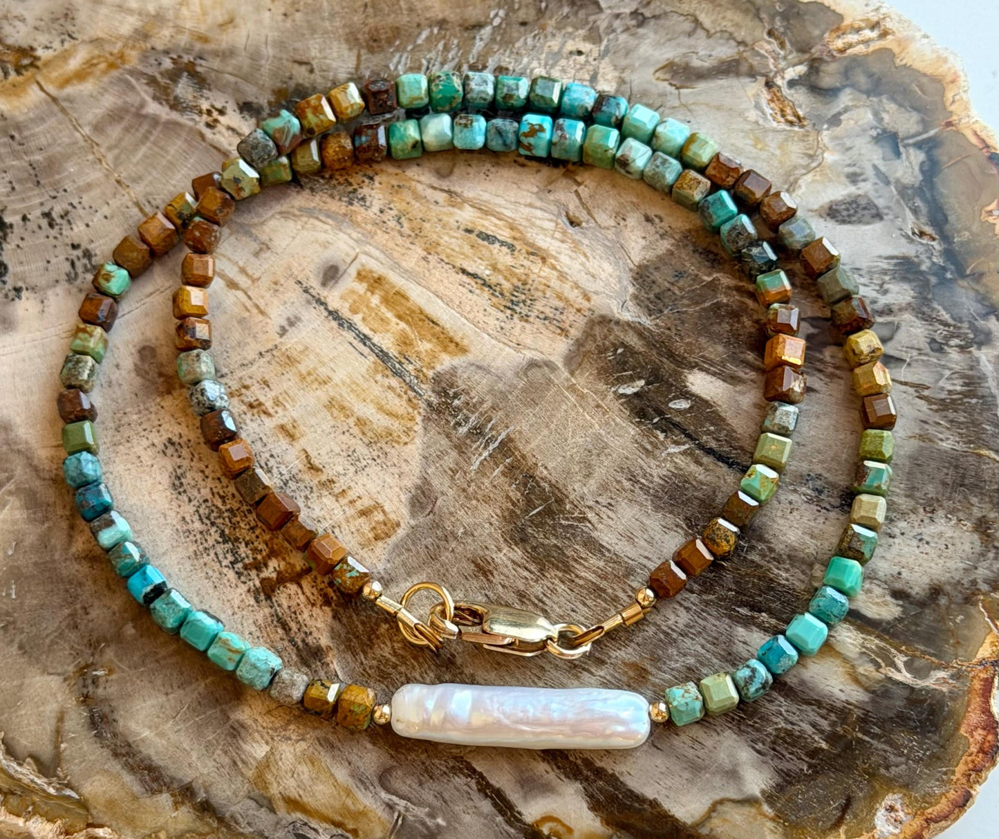 Turquoise Necklace: 18k Gold Filled Clasp, Natural Gemstone 3mm Faceted Table Cut Cubed Hubei Turquoise and Freshwater Biwa Pearl Necklace