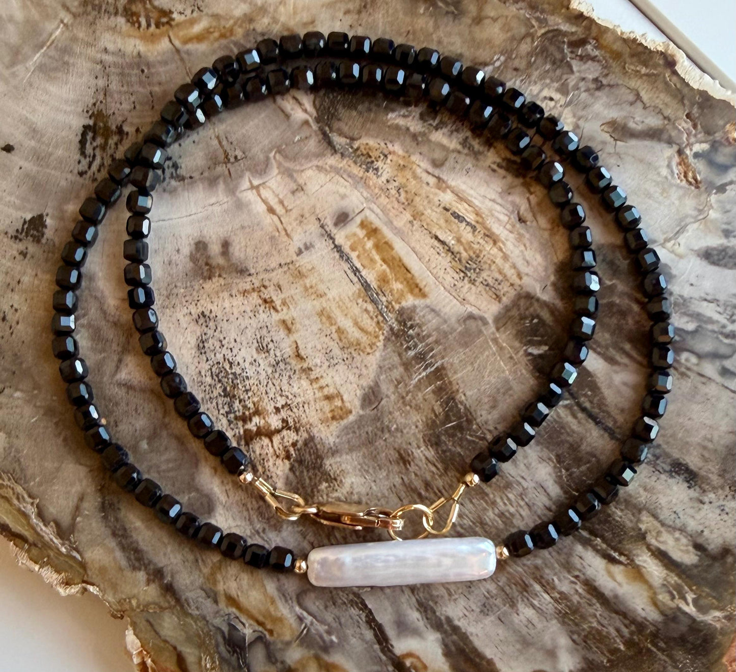 Spinel Necklace: 3mm Table Cut Cube Black Spinel and Freshwater Biwa Pearl Necklace Beaded Semi-Precious Gemstone Necklace Gold Filled Clasp