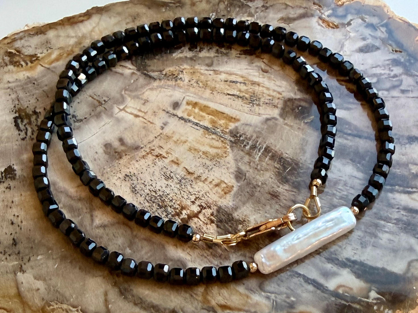 Spinel Necklace: 3mm Table Cut Cube Black Spinel and Freshwater Biwa Pearl Necklace Beaded Semi-Precious Gemstone Necklace Gold Filled Clasp