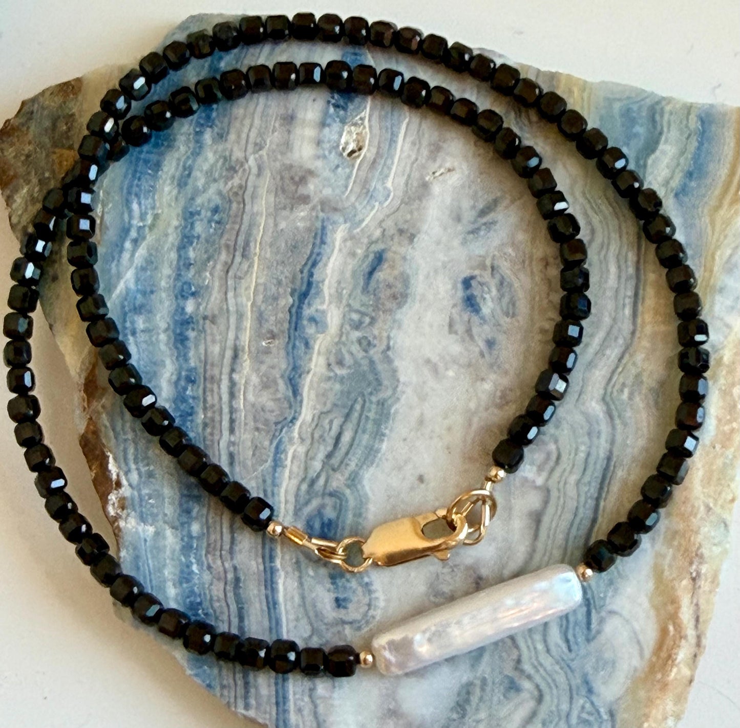 Spinel Necklace: 3mm Table Cut Cube Black Spinel and Freshwater Biwa Pearl Necklace Beaded Semi-Precious Gemstone Necklace Gold Filled Clasp