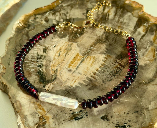 Garnet Bracelet: Faceted  5mm Smooth Rondelle Hand Cut Garnet and Biwa Freshwater Pearl, Gold Filled Clasp, 6.5-8 inches in Length Bracelet