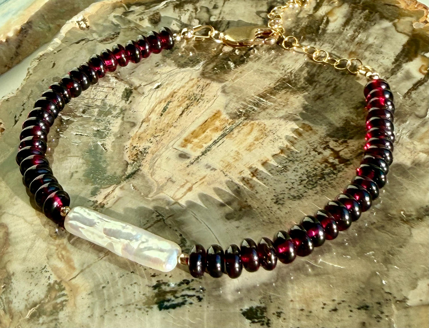 Garnet Bracelet: Faceted  5mm Smooth Rondelle Hand Cut Garnet and Biwa Freshwater Pearl, Gold Filled Clasp, 6.5-8 inches in Length Bracelet