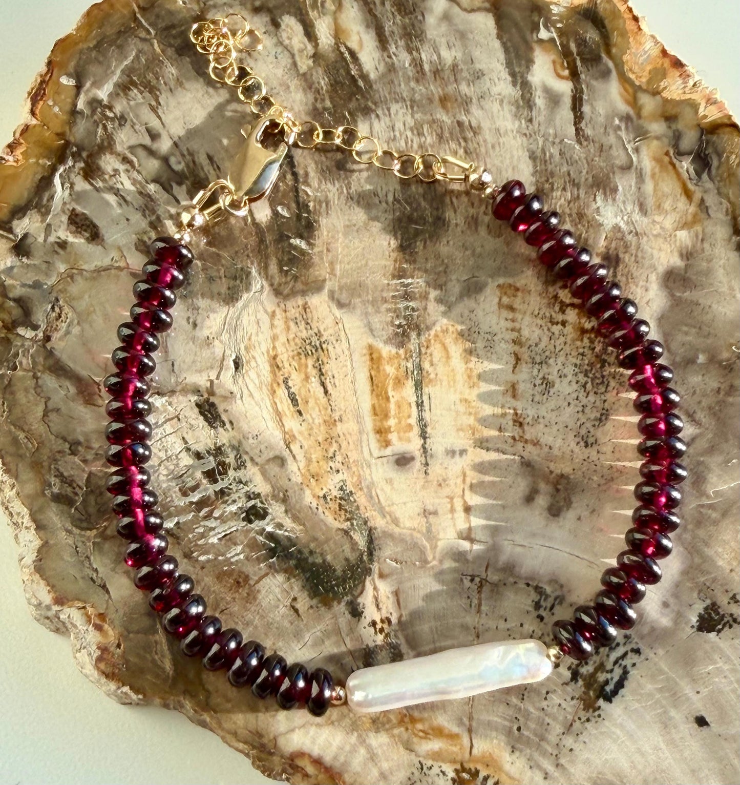 Garnet Bracelet: Faceted  5mm Smooth Rondelle Hand Cut Garnet and Biwa Freshwater Pearl, Gold Filled Clasp, 6.5-8 inches in Length Bracelet