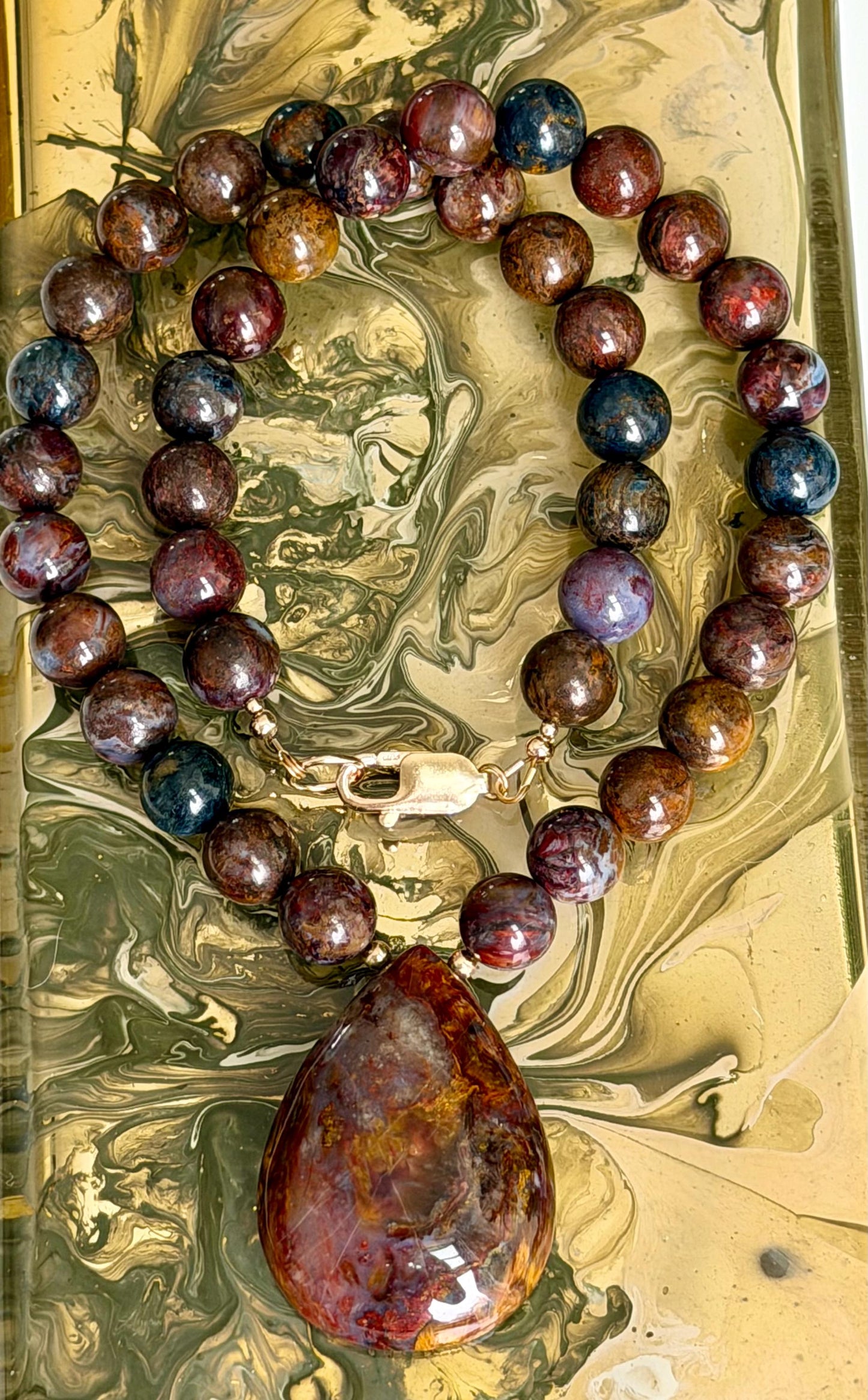 Pietersite Necklace: 18k Gold Filled Clasp/Beads, 10mm Smooth Round Pietersite Stones with a Large Pietersite Oval Drop Gemstone Necklace