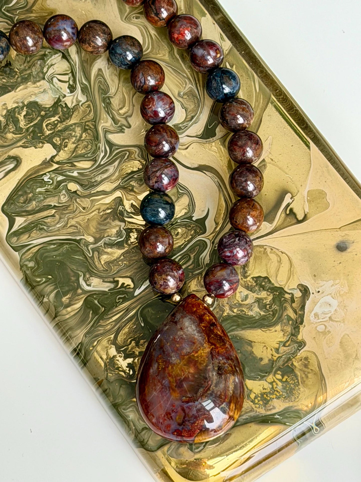 Pietersite Necklace: 18k Gold Filled Clasp/Beads, 10mm Smooth Round Pietersite Stones with a Large Pietersite Oval Drop Gemstone Necklace