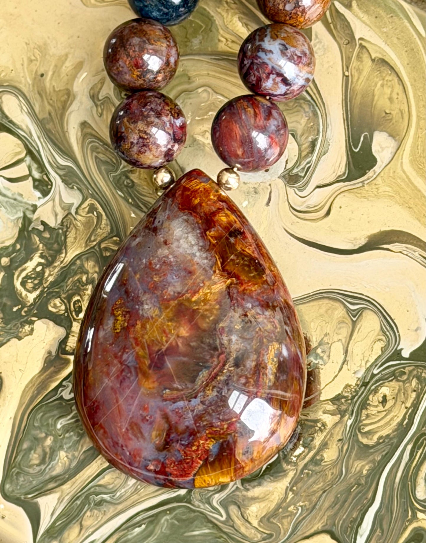Pietersite Necklace: 18k Gold Filled Clasp/Beads, 10mm Smooth Round Pietersite Stones with a Large Pietersite Oval Drop Gemstone Necklace