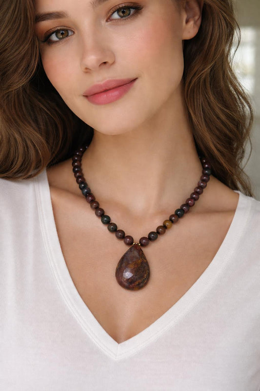 Pietersite Necklace: 18k Gold Filled Clasp/Beads, 10mm Smooth Round Pietersite Stones with a Large Pietersite Oval Drop Gemstone Necklace
