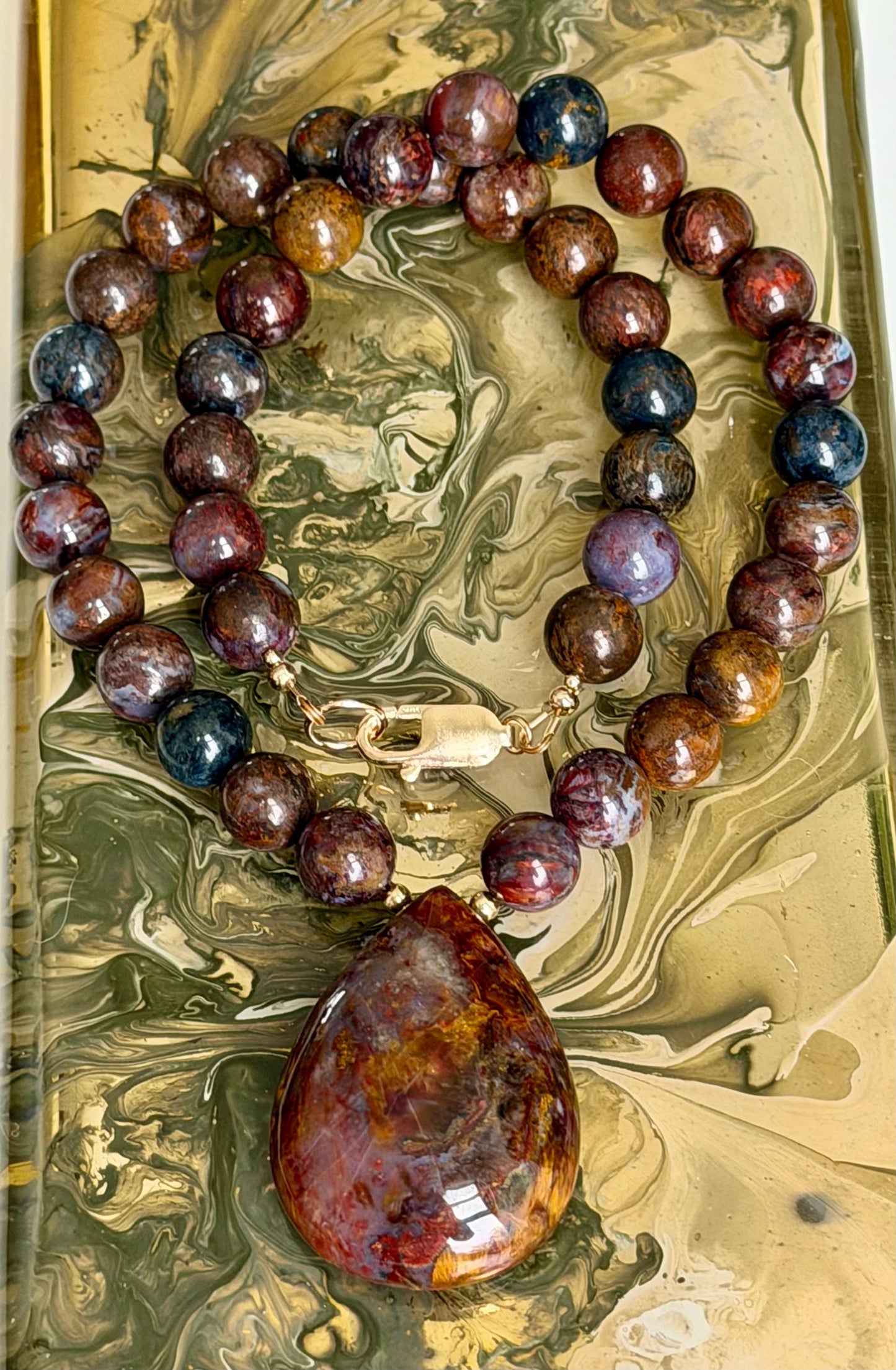 Pietersite Necklace: 18k Gold Filled Clasp/Beads, 10mm Smooth Round Pietersite Stones with a Large Pietersite Oval Drop Gemstone Necklace